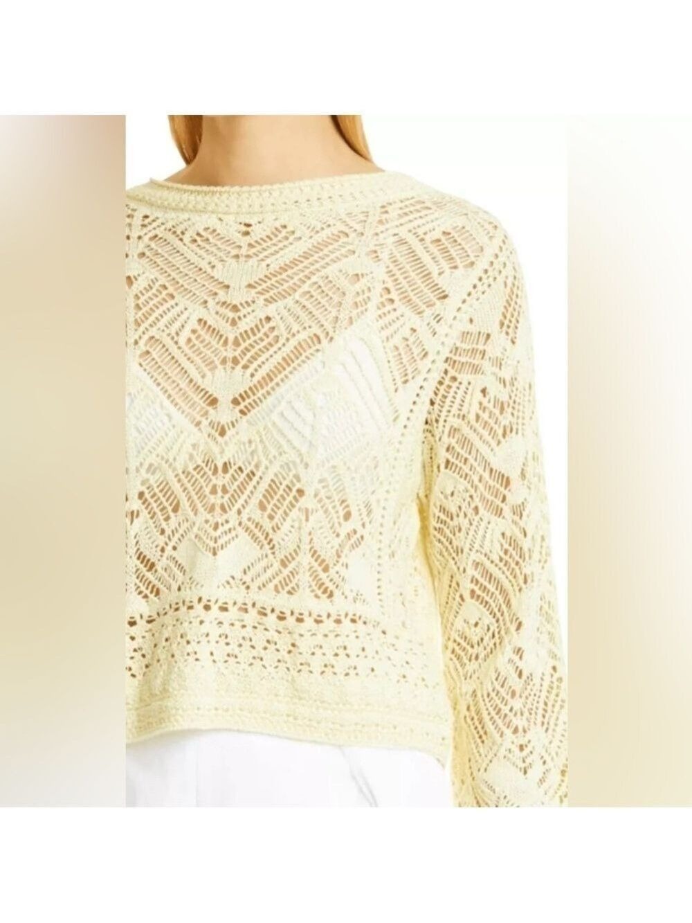 NWT. VINCE Lace Patchwork Pullover Organic Cotton Sweater in Pale Yellow size L - Picture 5 of 11